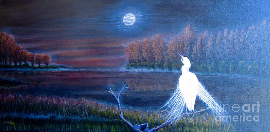 White Crane Dancing in the Light of the Moon Painting by Kimberlee Baxter