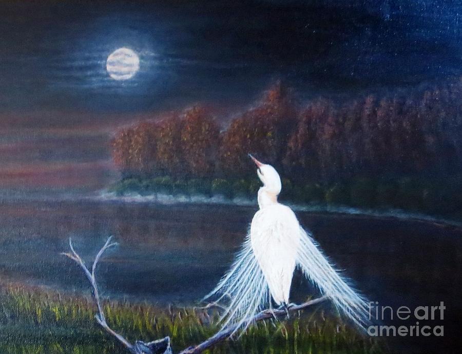 White Crane Dancing under the Moonlight Cropped Painting by Kimberlee Baxter