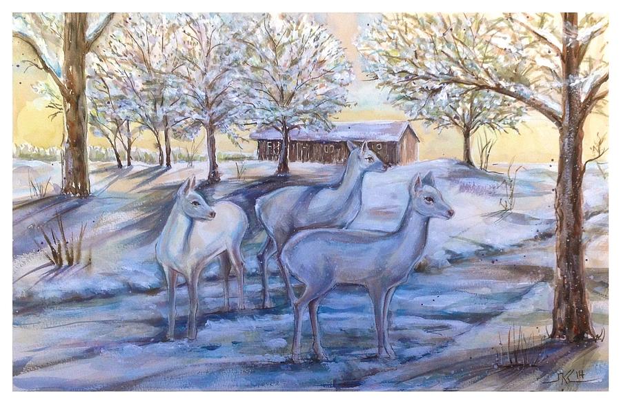 White deer on a snowy day Painting by Katerina Kovatcheva