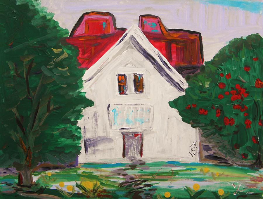 White Farmhouse with Holly Tree and Tall Fir Painting by Mary Carol Williams