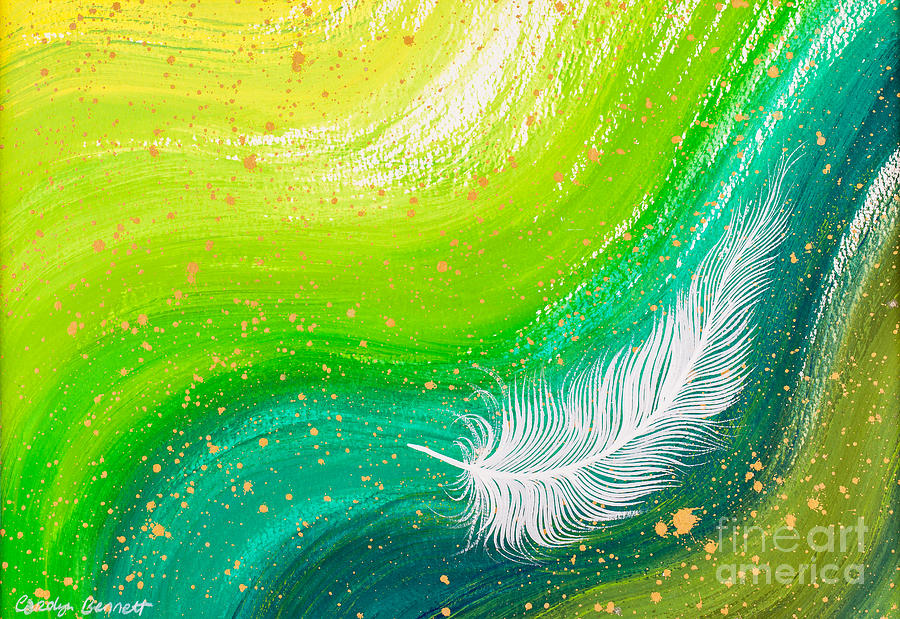 White spiritual feather green swirl painting by Carolyn Bennett Painting by Simon Bratt