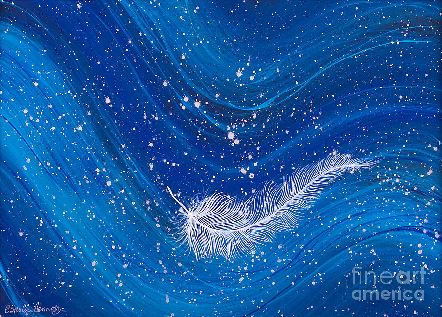 White feather on blue wave painting by Carolyn Bennett Painting by Simon Bratt
