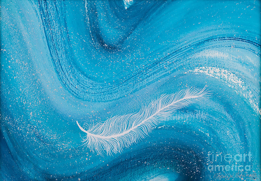 White spiritual feather on pale blue wave by Carolyn Bennett Painting by Simon Bratt