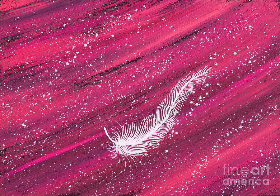 White spiritual feather on pink streak by Carolyn Bennett Painting by Simon Bratt