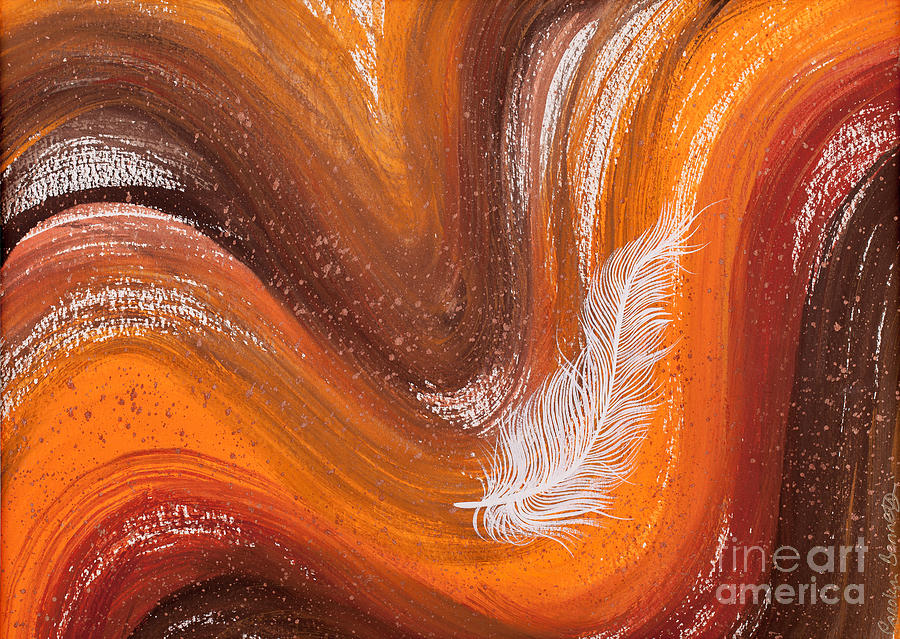 White spiritual feather orange swirl painting by Carolyn Bennett Painting by Simon Bratt