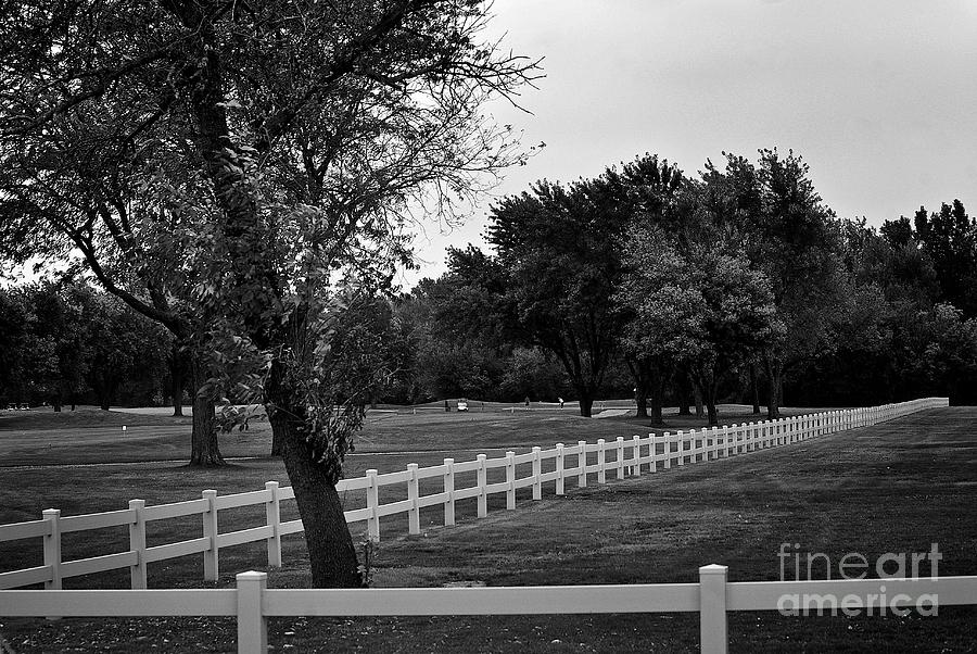 Black And White Photograph - White Fence on the Wooded Green by Frank J Casella