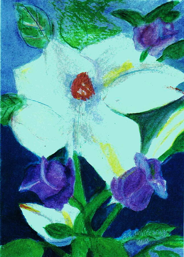 Flowers Still Life Painting - White Flower with Purple Buds by Anne-Elizabeth Whiteway