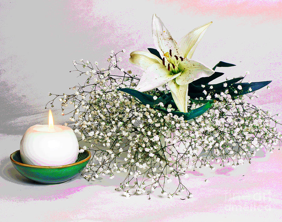 White Flowers and Candle Photograph by Larry Oskin