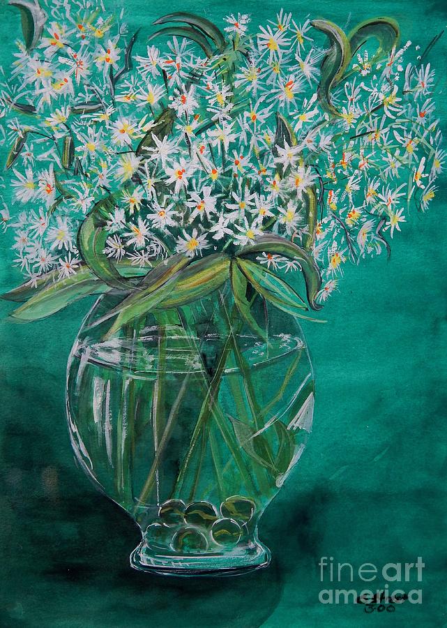 Still Life Painting - White Flowers and Marbles in Glass Vase by Caroline Street