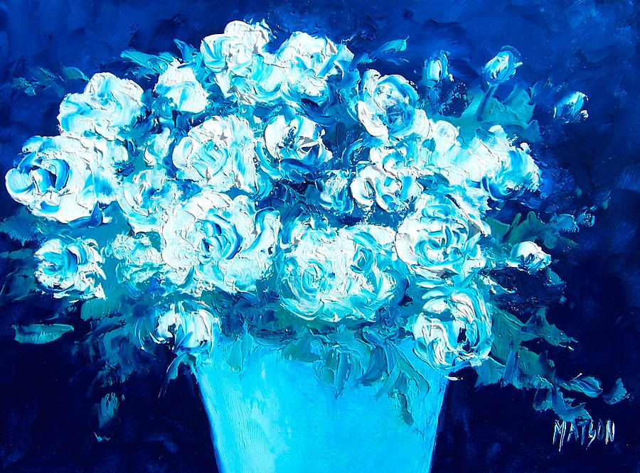 White Flowers on Blue Painting by Jan Matson