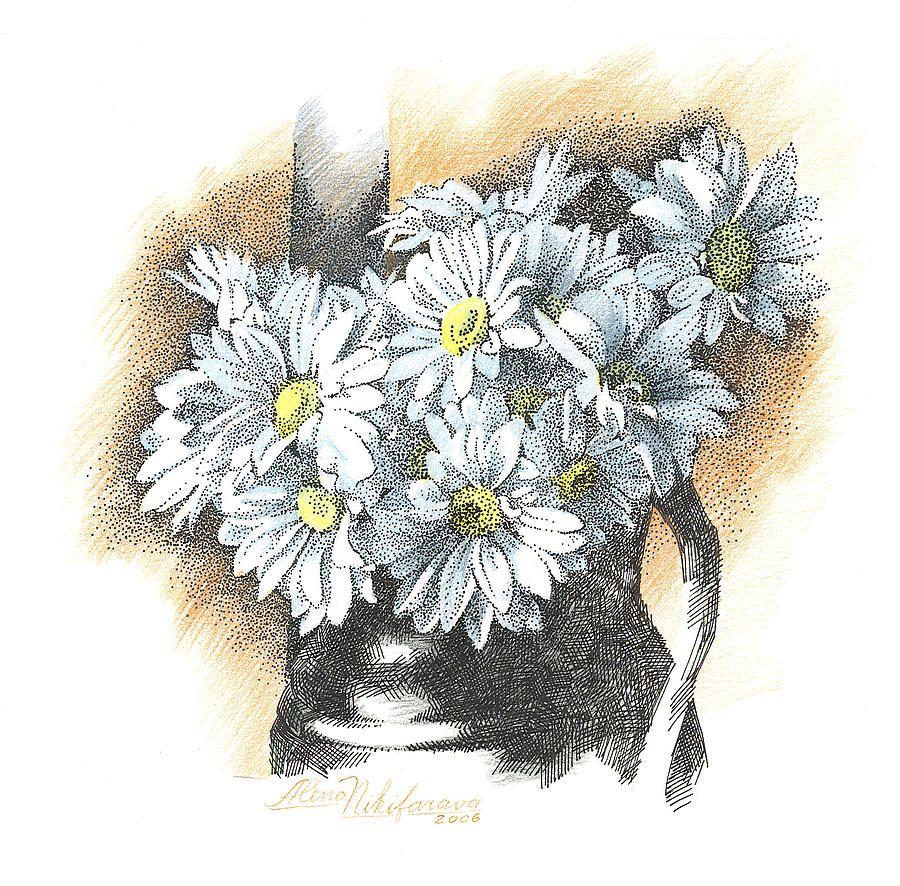 White Flowers Pointillism Drawing Mixed Media By Alena Nikifarava
