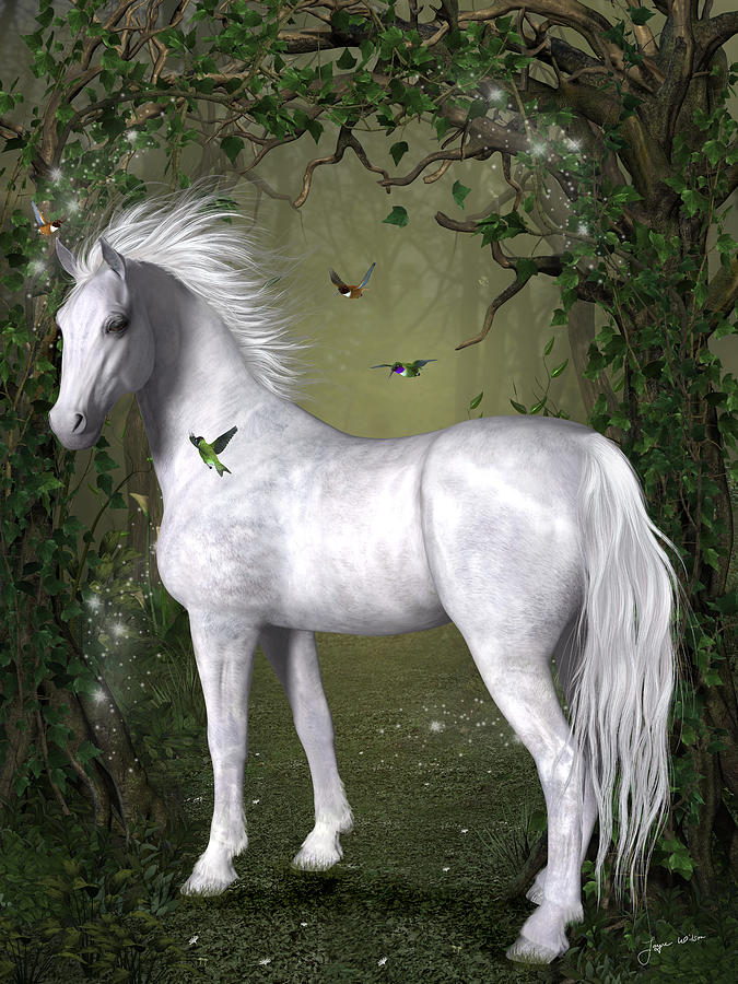 White Horse in the Woods Digital Art by Jayne Wilson