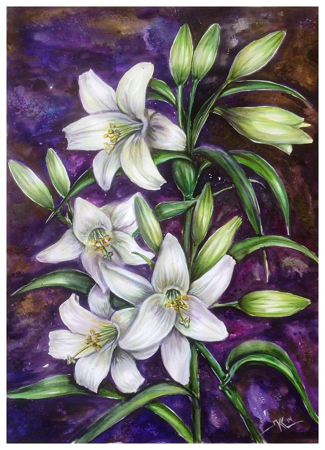 White lilies Painting by Katerina Kovatcheva