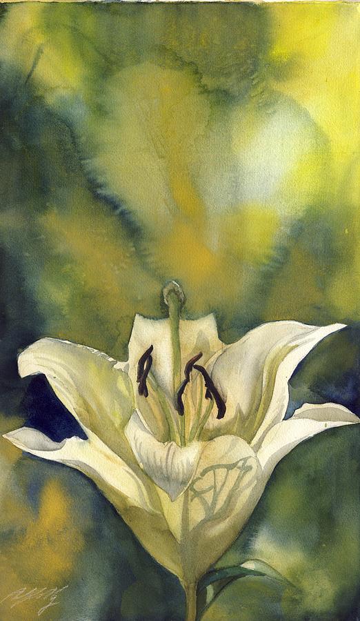 White Lily With Blue Painting by Alfred Ng
