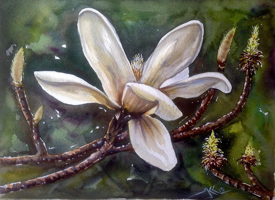 White magnolia Painting by Katerina Kovatcheva