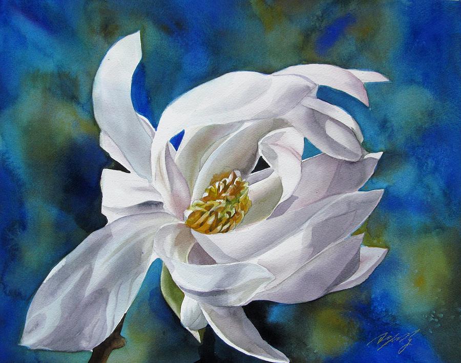 White Magnolia With Blues Painting by Alfred Ng