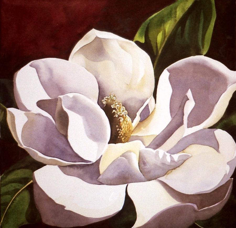 White magnolia with red Painting by Alfred Ng