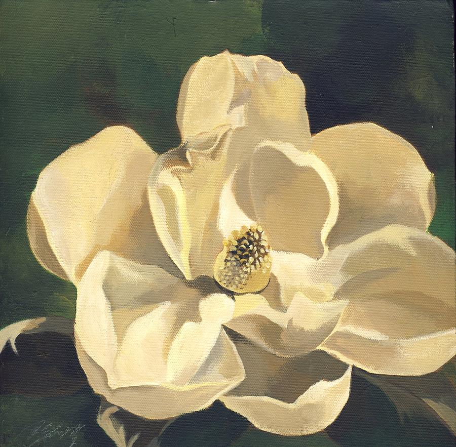 White Magnolias With Green Painting by Alfred Ng