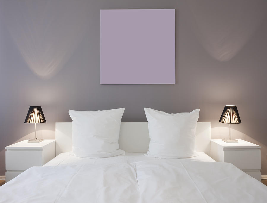 White master bed with white night stands and lights Photograph by IGphotography