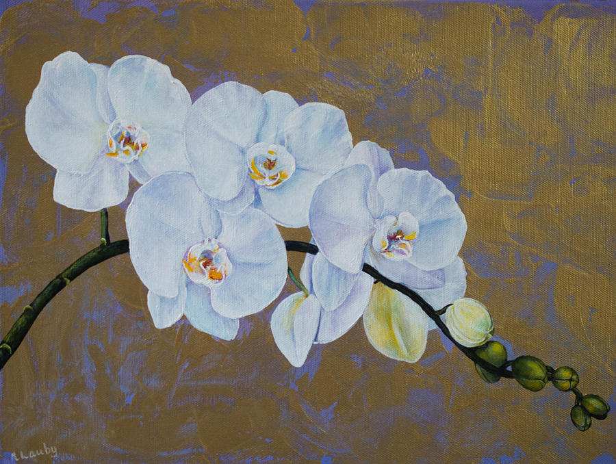 White Orchids  Painting by Nancy Lauby