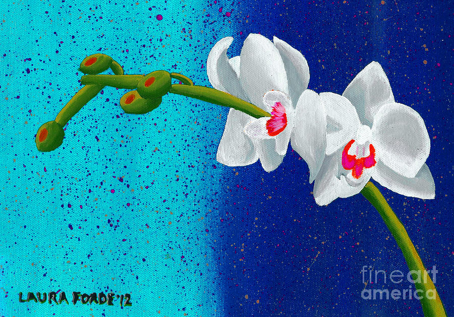White Orchids on Blue Painting by Laura Forde