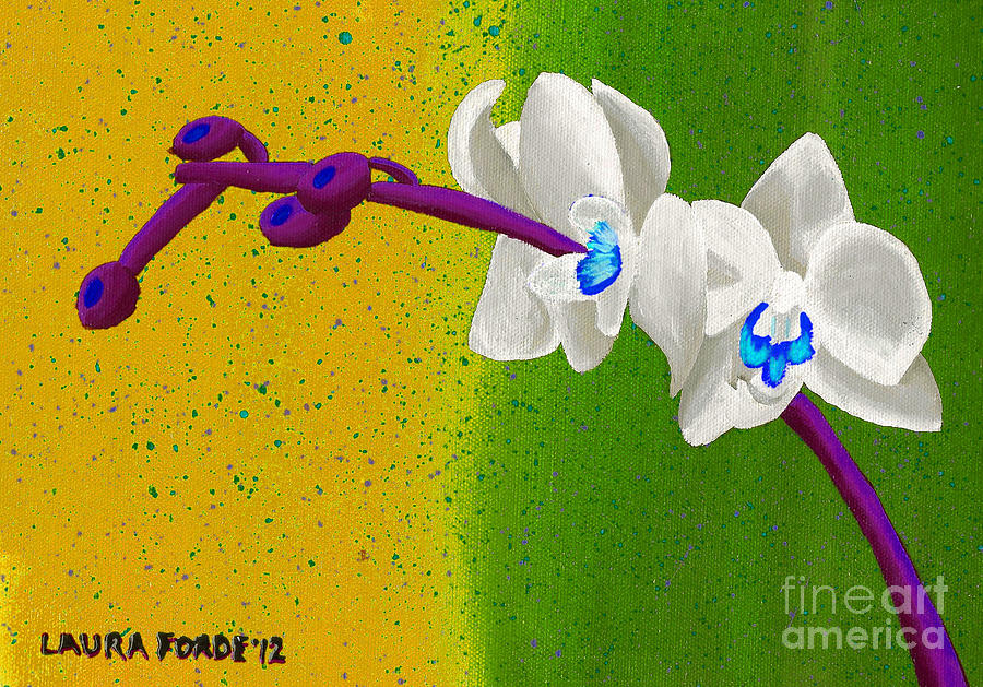 White Orchids on Yellow and Green Painting by Laura Forde