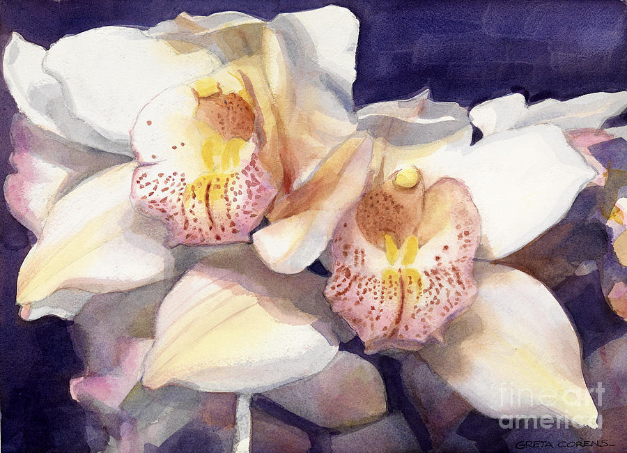 White Orchids in Watercolor Painting by Greta Corens