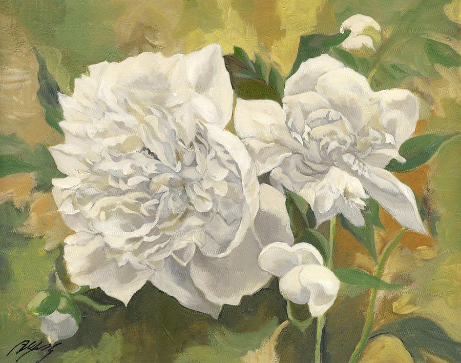 White Peonies Painting by Alfred Ng