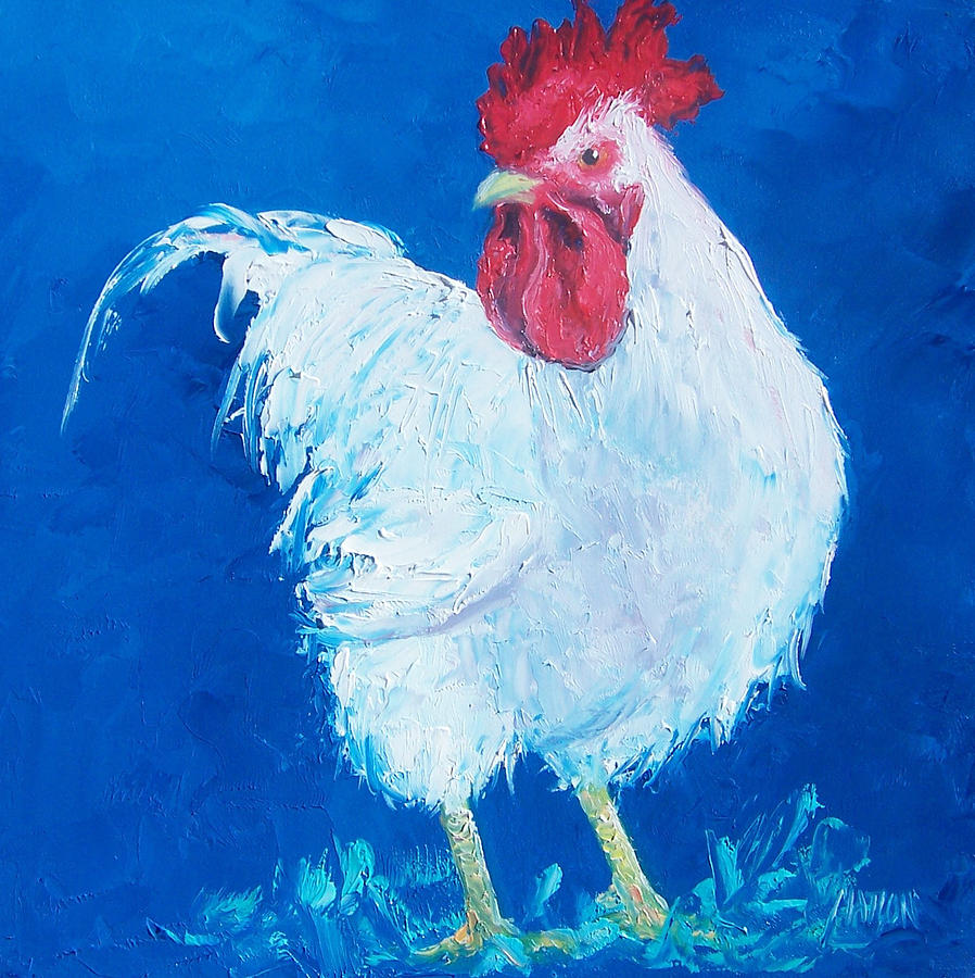 White Rooster on Blue Painting by Jan Matson