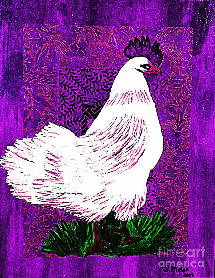 Rooster Painting - White Rooster on Purple by Saundra Myles