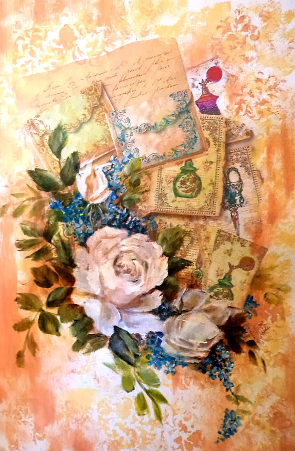 White roses and forget me nots on decoupaged background Painting by Patricia Rachidi