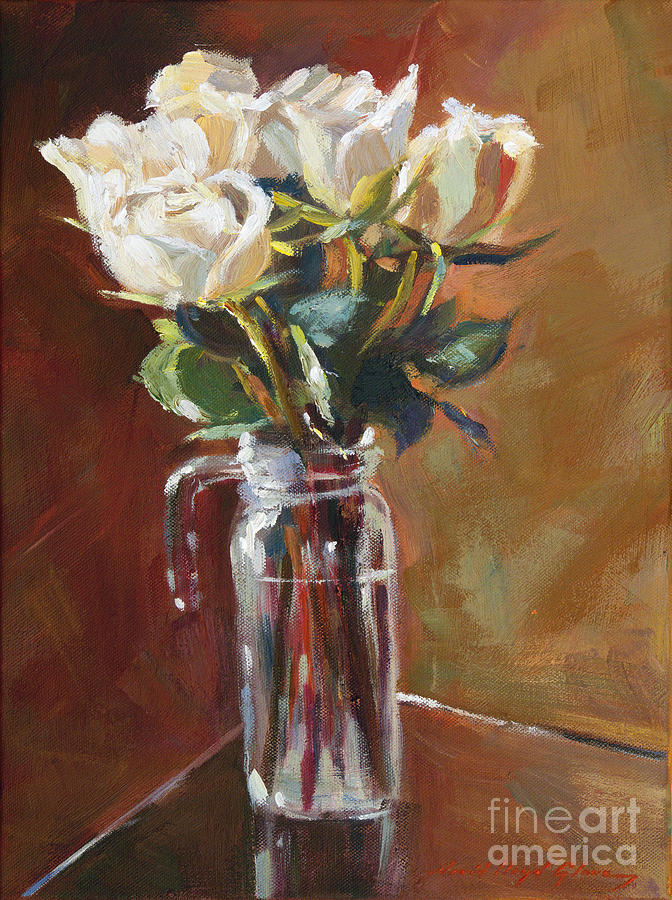 White Roses and Glass Painting by David Lloyd Glover