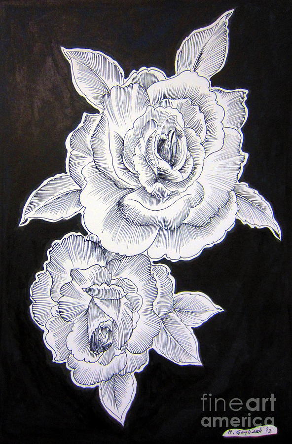 White Roses on black Painting by Roberto Gagliardi