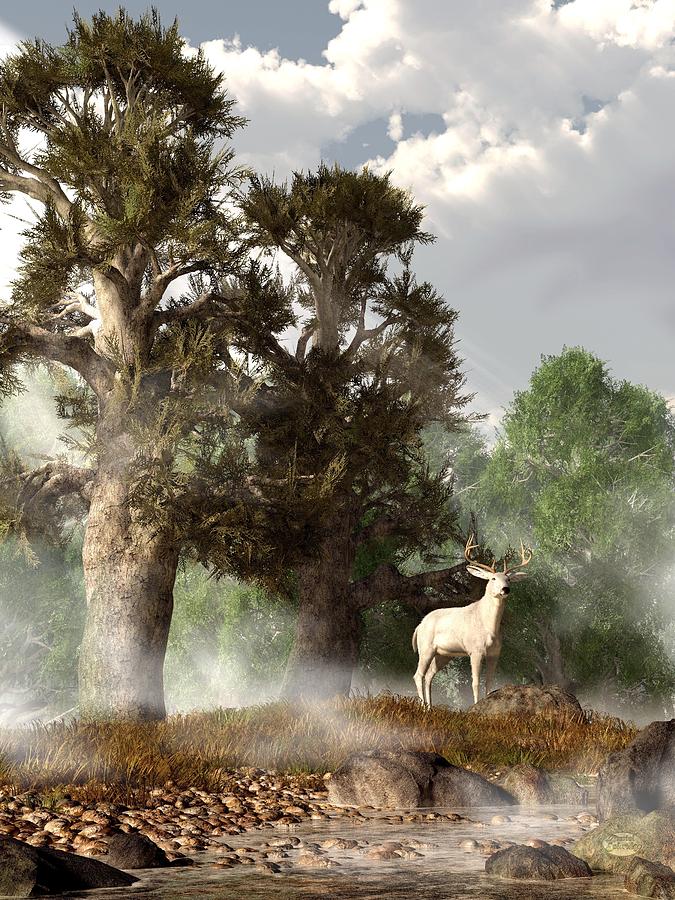 Deer Digital Art - White Stag on a Misty Morning by Daniel Eskridge