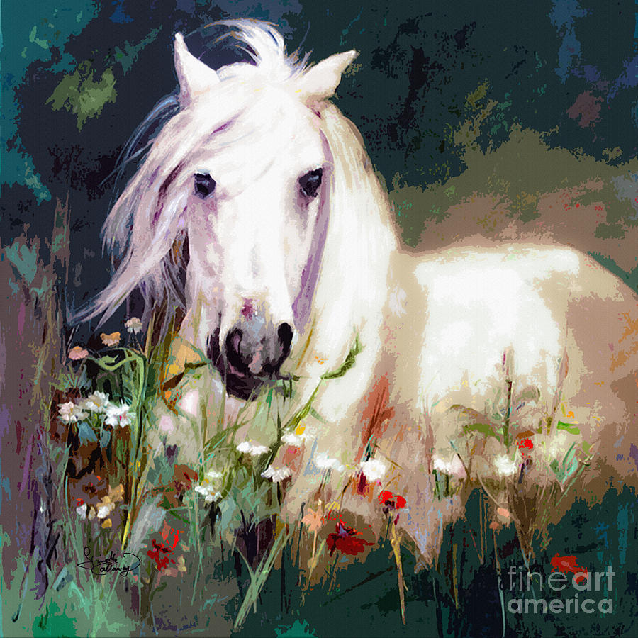 White Stallion in Wildflower Field Painting by Ginette Callaway