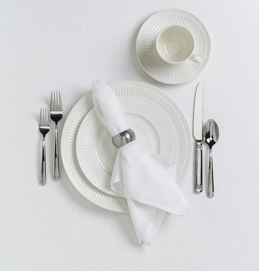 White Table Place Setting with Dishes Photograph by FreezeFrameStudio