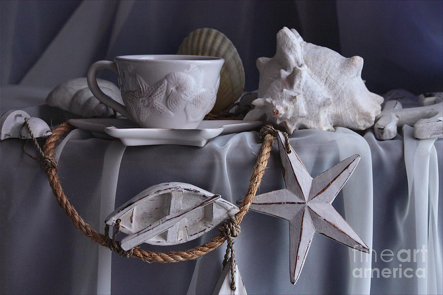 Still Life Photograph - White teacup and seashells by Luv Photography