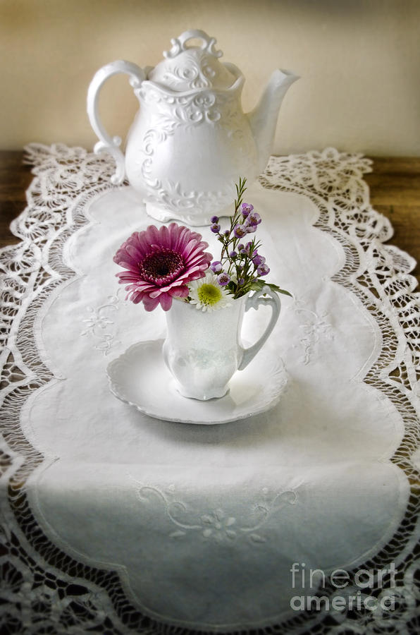 White Teapot and Flowers Photograph by Jill Battaglia