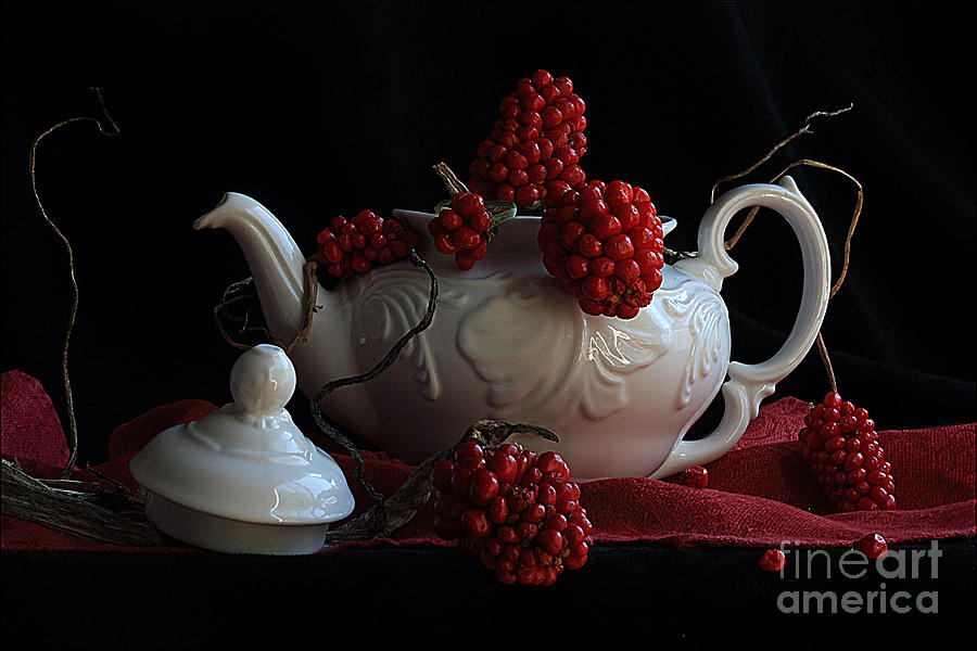 Still Life Photograph - White teapot with red berries by Luv Photography