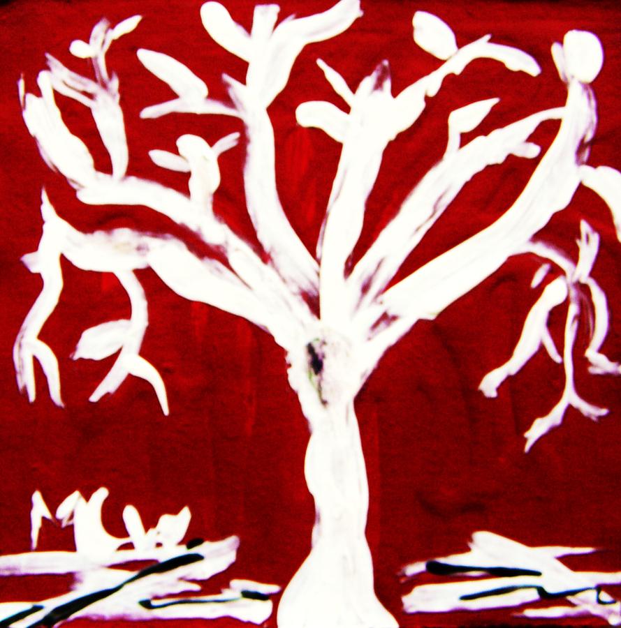White Tree on Red Painting by Mary Carol Williams