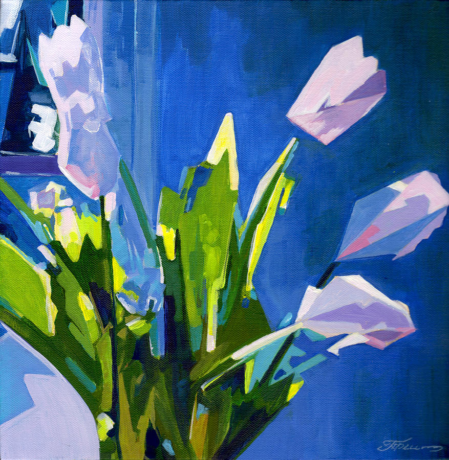 White Tulips on Blue Background Painting by Tanya Filichkin