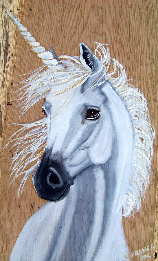 Unicorn Painting - White Unicorn on Wood by Debbie LaFrance