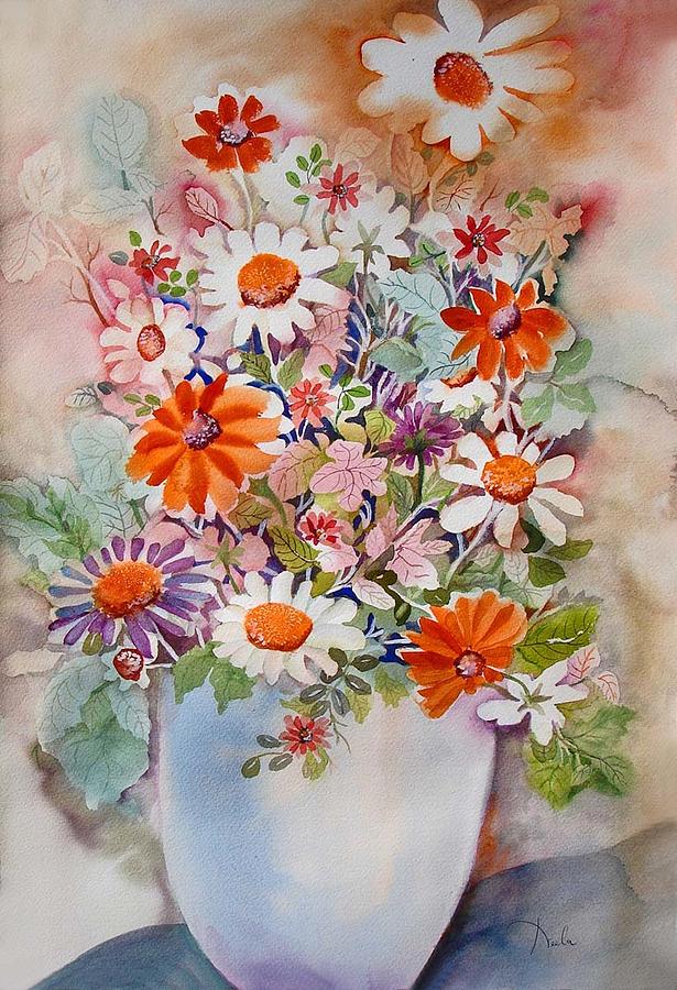 White vase with daisies Painting by Neela Pushparaj