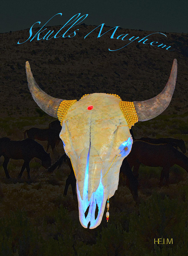 White with Turquoise and Gold Illuminating Buffalo Skull Mixed Media by Mayhem Mediums