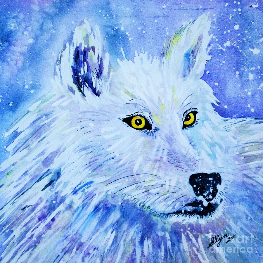 White Wolf - Aurora Nights In Blues - Square Painting by Ellen Levinson