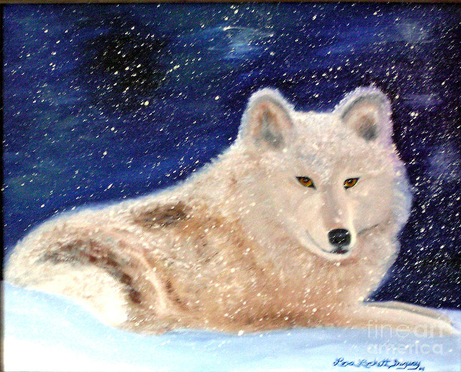 White Wolf in Winter Blizzard Painting by Lora Duguay