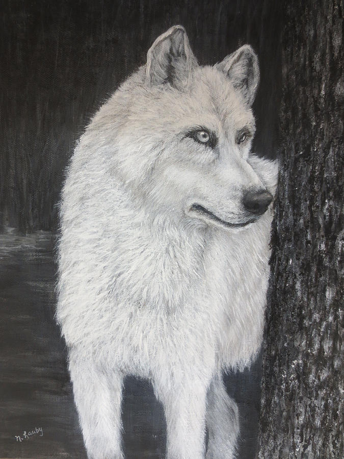 White Wolf on Guard Painting by Nancy Lauby