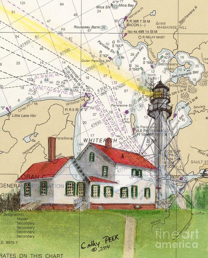 Lighthouse Painting - Whitefish Pt Lighthouse MI Nautical Chart Map Art Cathy Peek by Cathy Peek