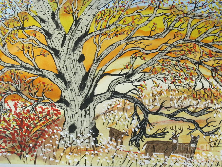 Whitetails and White Oak Tree Painting by Jeffrey Koss