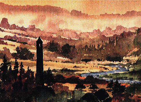WICKLOW  Glendalough Round Tower Mixed Media by Val Byrne